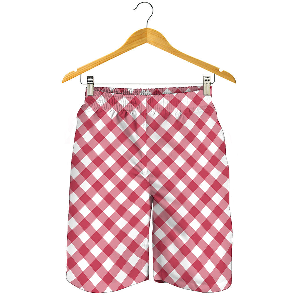 Cardinal Red And White Gingham Print Men's Shorts