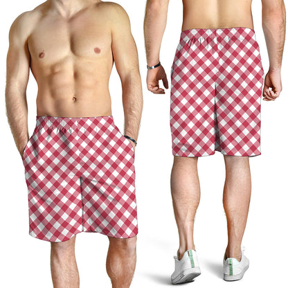 Cardinal Red And White Gingham Print Men's Shorts