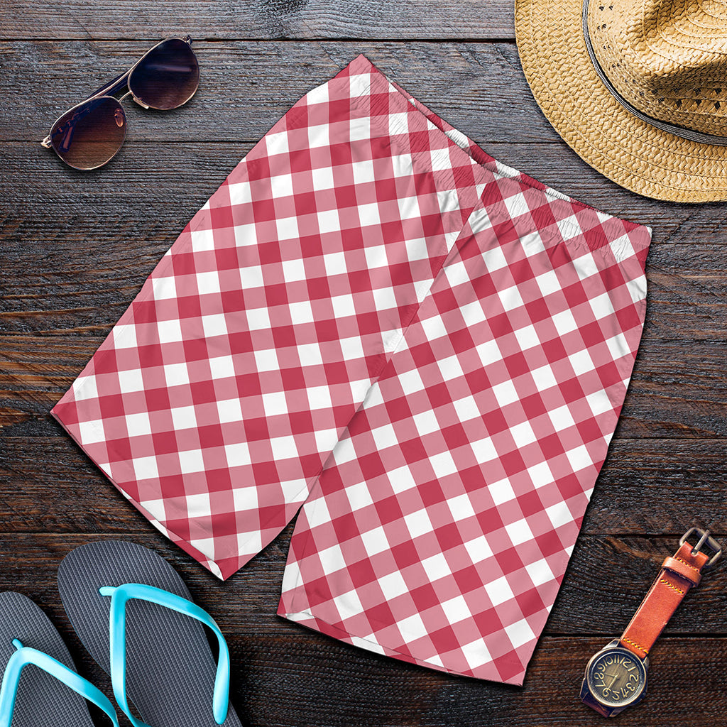 Cardinal Red And White Gingham Print Men's Shorts