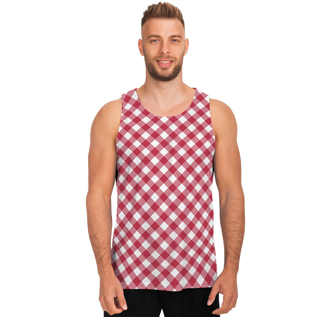 Cardinal Red And White Gingham Print Men's Tank Top
