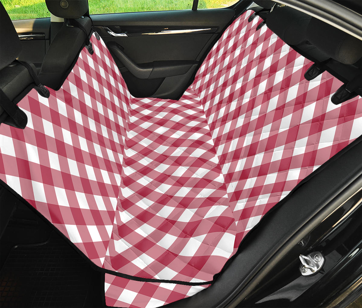 Cardinal Red And White Gingham Print Pet Car Back Seat Cover