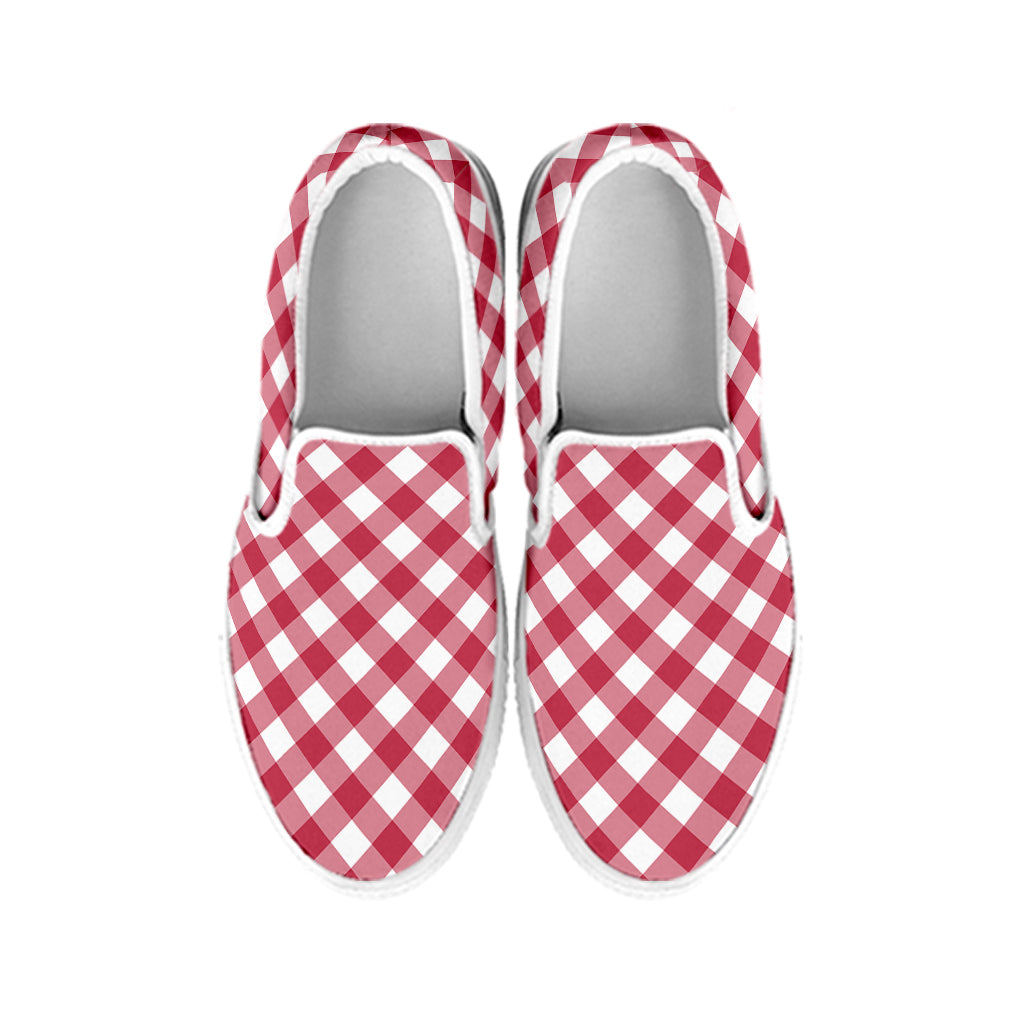 Cardinal Red And White Gingham Print White Slip On Shoes