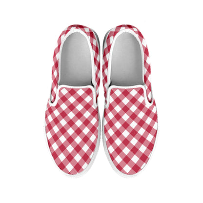 Cardinal Red And White Gingham Print White Slip On Shoes