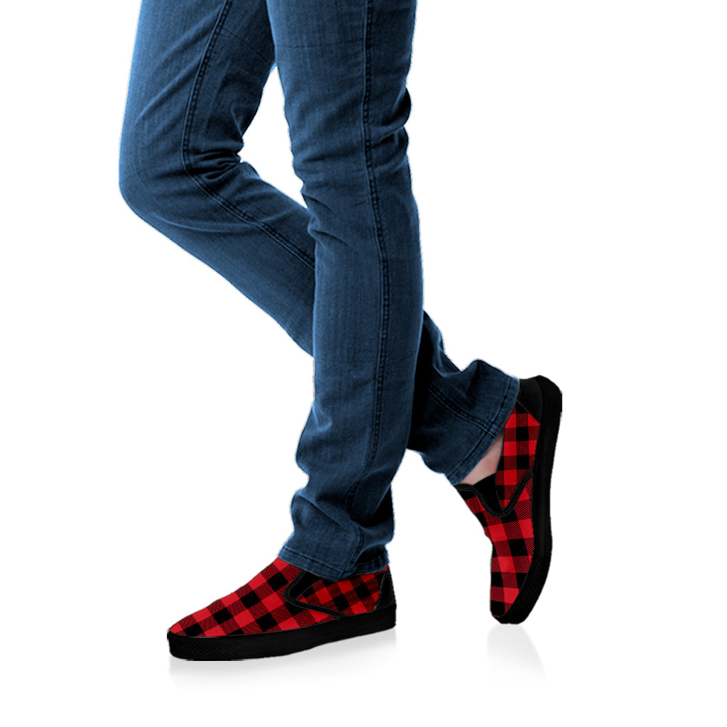 Cardinal Red Buffalo Check Pattern Print Black Slip On Shoes