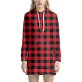 Cardinal Red Buffalo Check Pattern Print Pullover Hoodie Dress