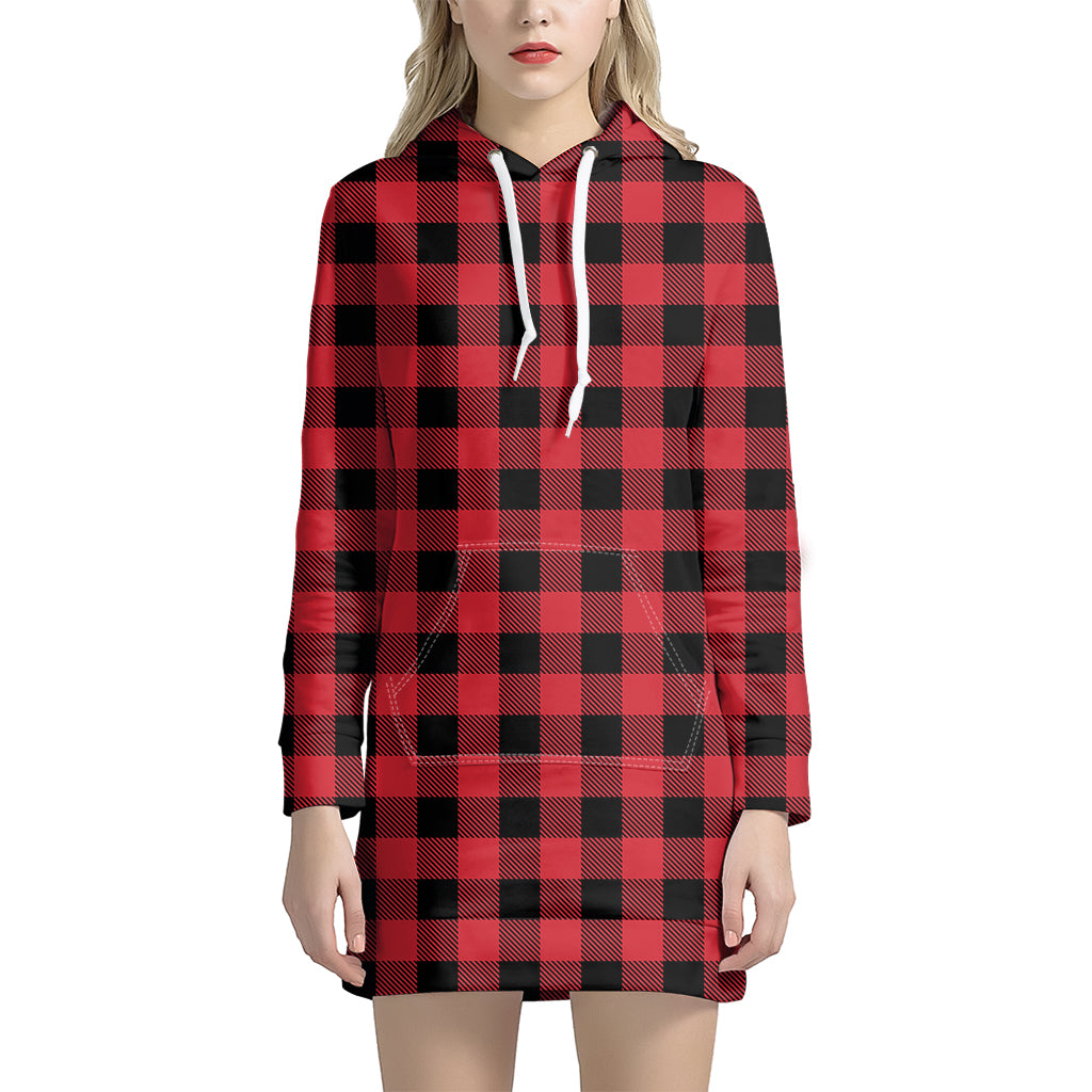 Cardinal Red Buffalo Check Pattern Print Hoodie Dress