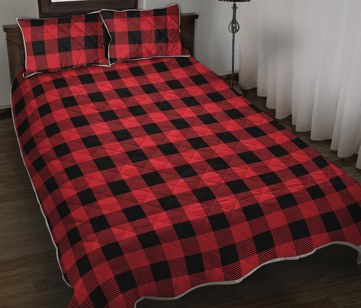 Cardinal Red Buffalo Check Pattern Print Quilt Bed Set