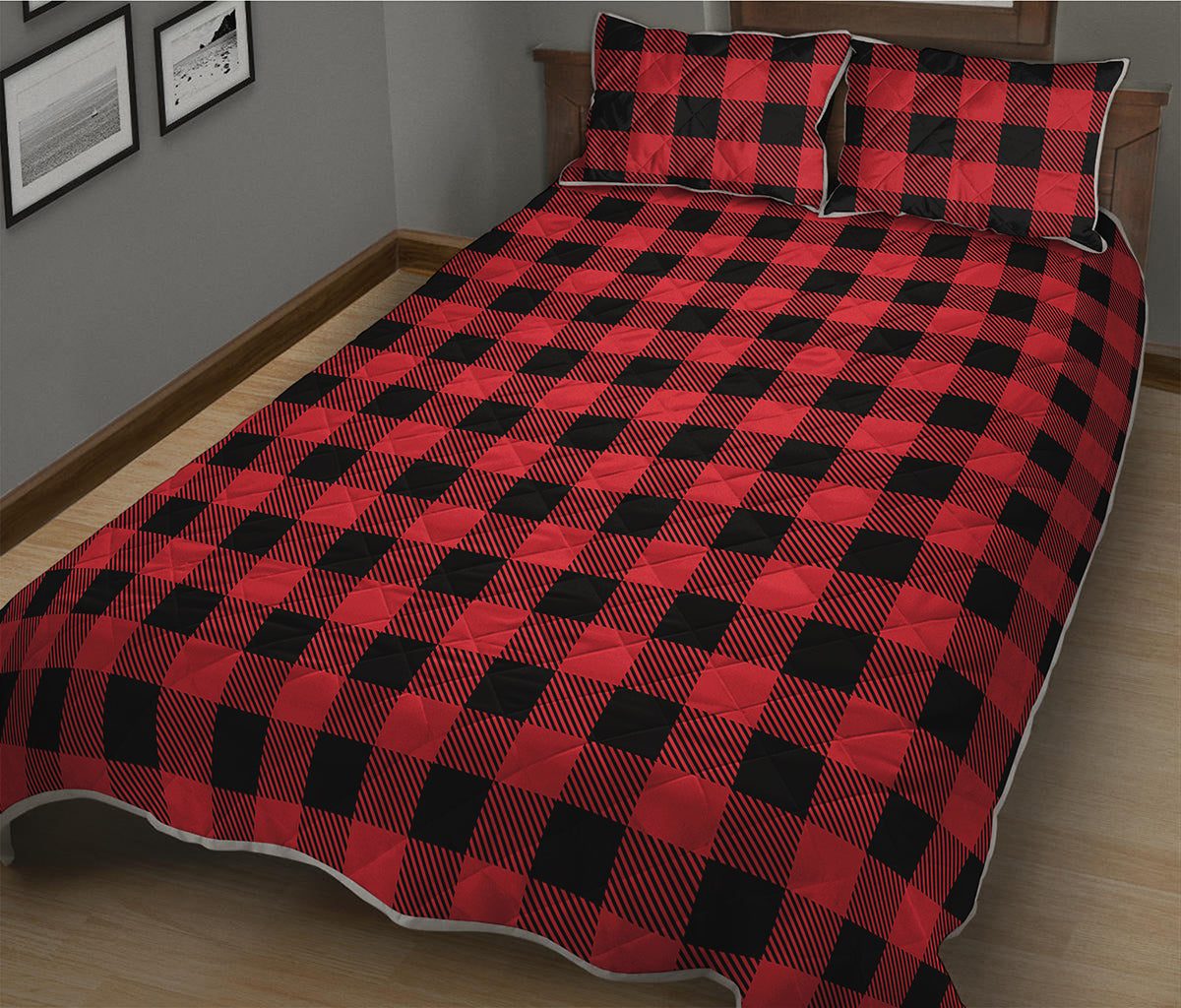Cardinal Red Buffalo Check Pattern Print Quilt Bed Set
