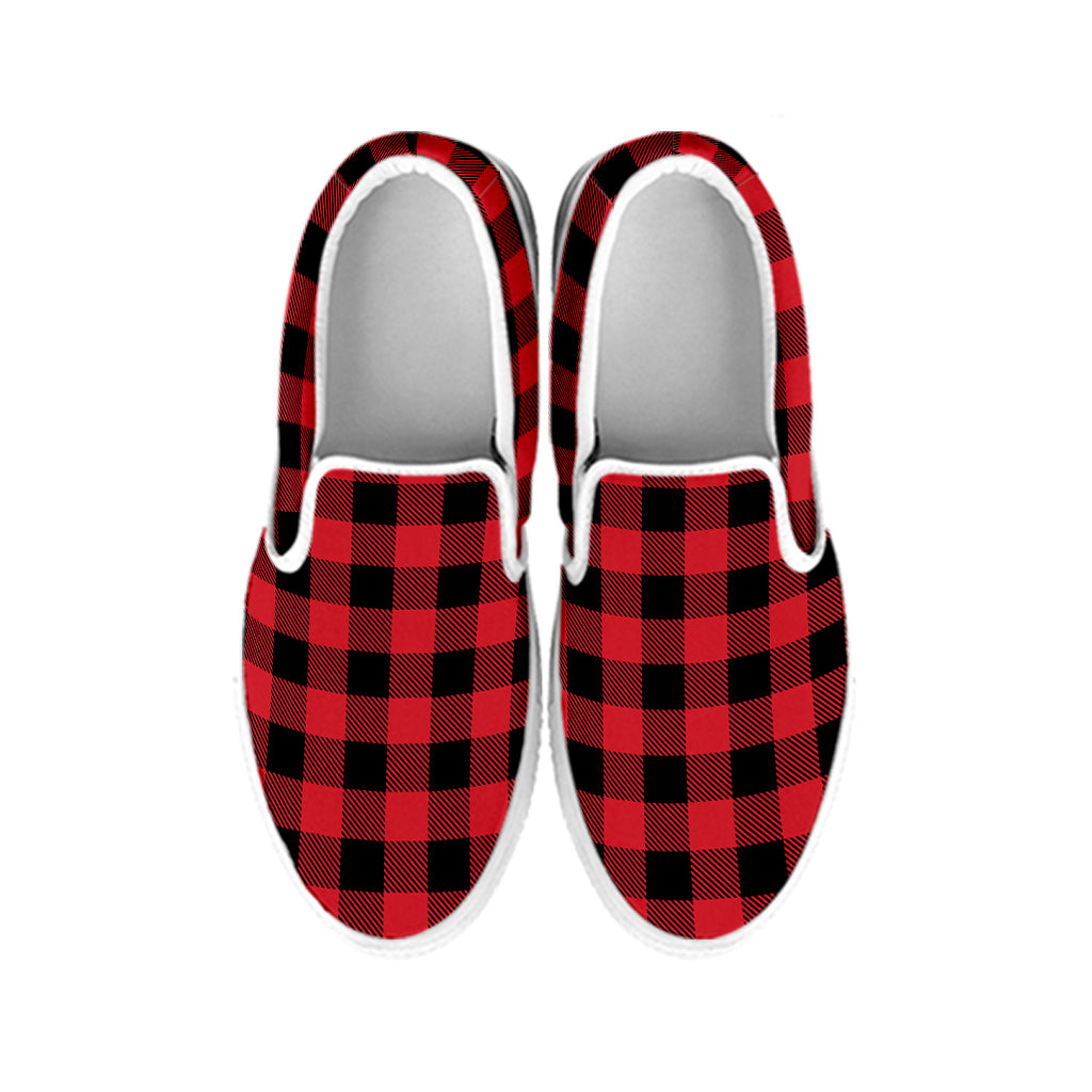 Cardinal Red Buffalo Check Pattern Print White Slip On Shoes