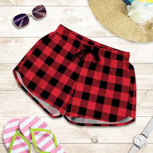 Cardinal Red Buffalo Check Pattern Print Women's Shorts