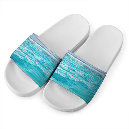 Caribbean Ocean Print White Slide Sandals