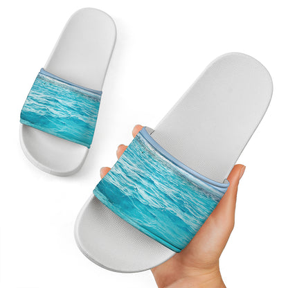 Caribbean Ocean Print White Slide Sandals
