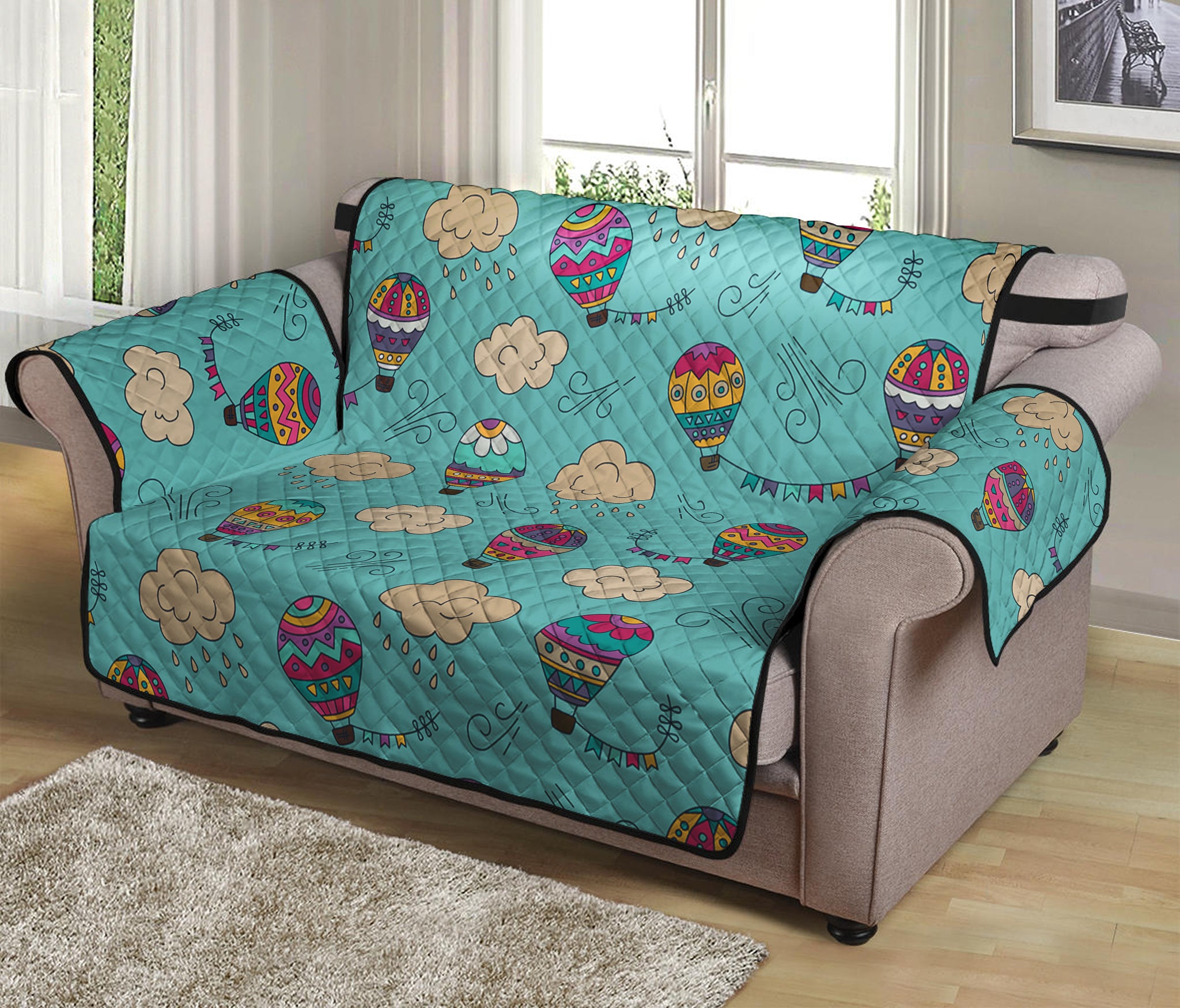 Cartoon Air Balloon Pattern Print Loveseat Protector