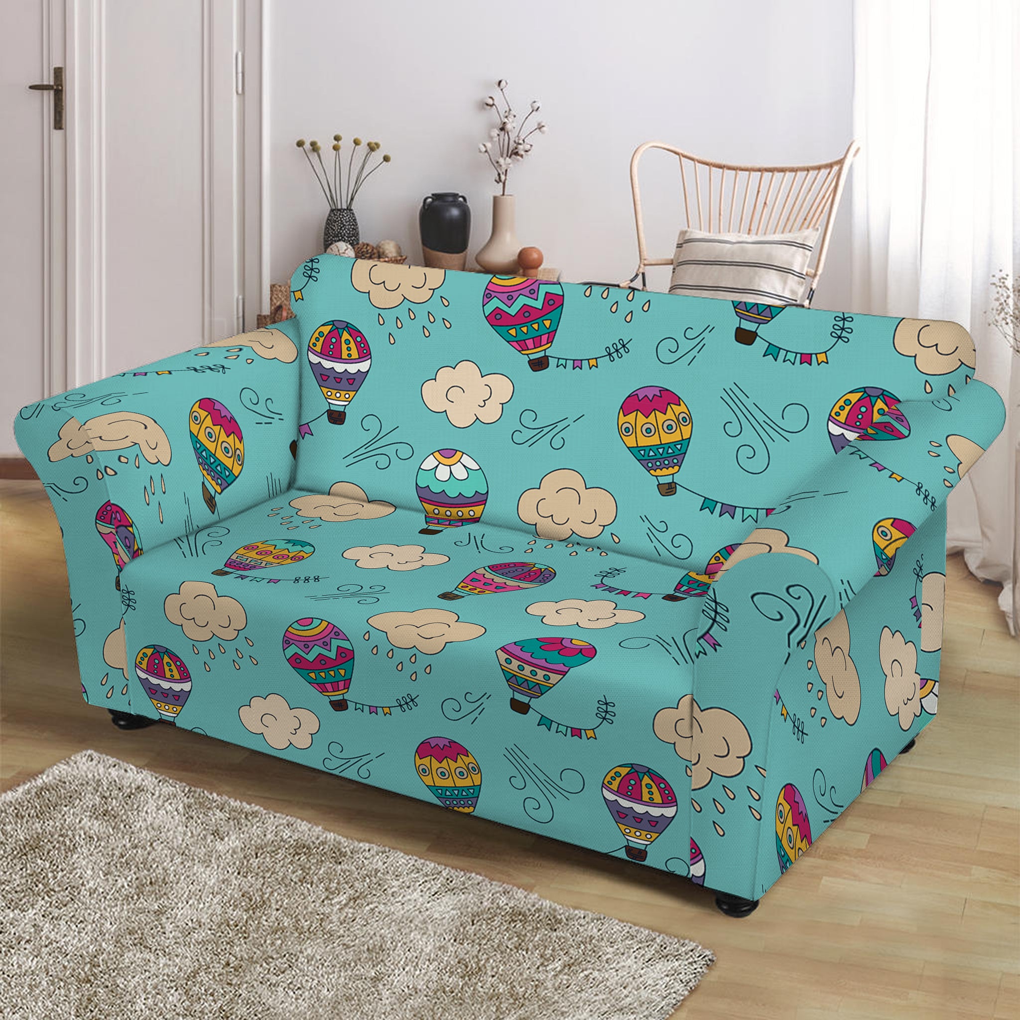 Cartoon Air Balloon Pattern Print Loveseat Slipcover