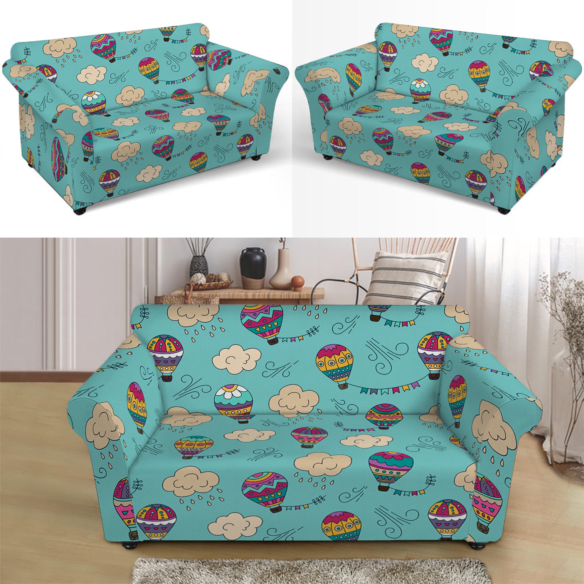 Cartoon Air Balloon Pattern Print Loveseat Slipcover