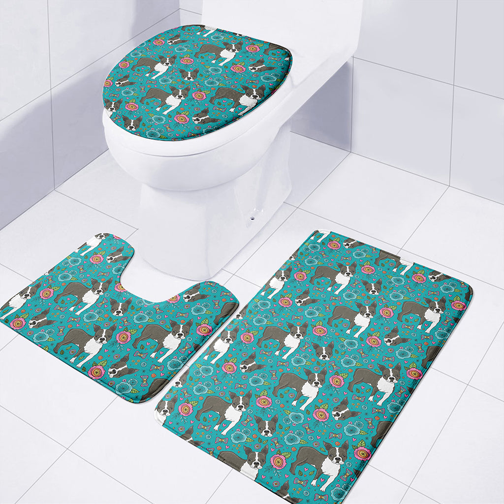 Cartoon Boston Terrier Flower Print 3 Piece Bath Mat Set