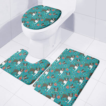 Cartoon Boston Terrier Flower Print 3 Piece Bath Mat Set