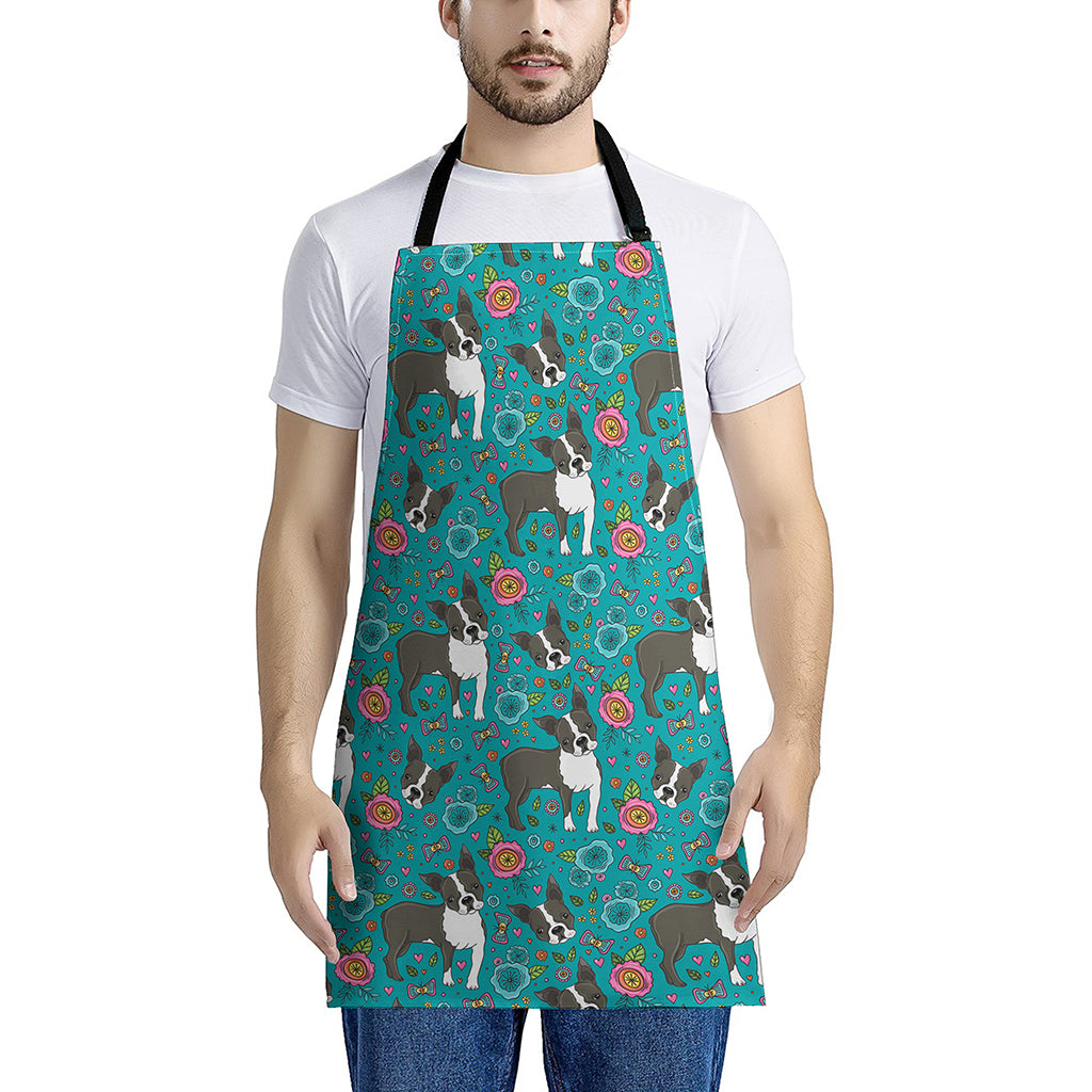 Cartoon Boston Terrier Flower Print Apron