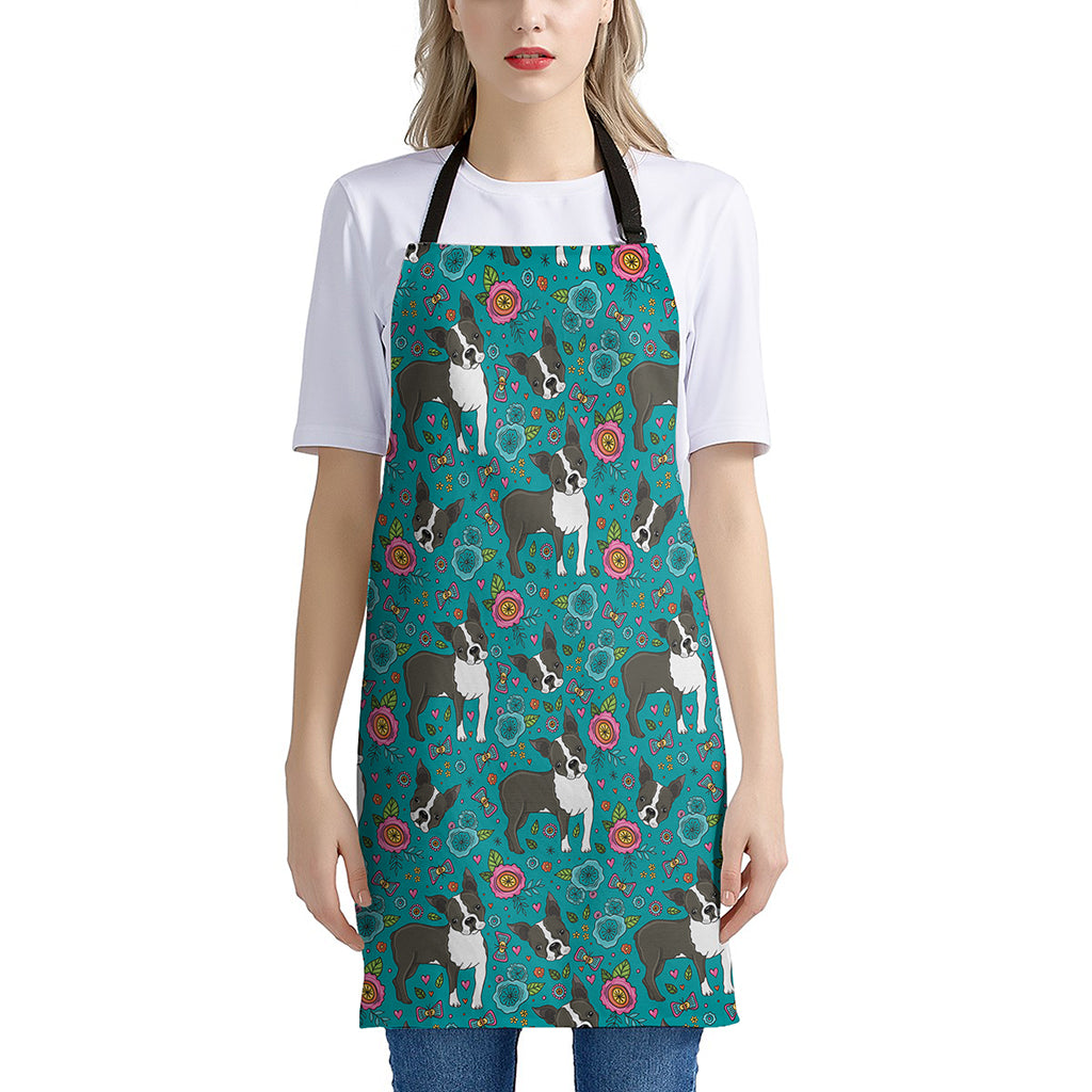 Cartoon Boston Terrier Flower Print Apron