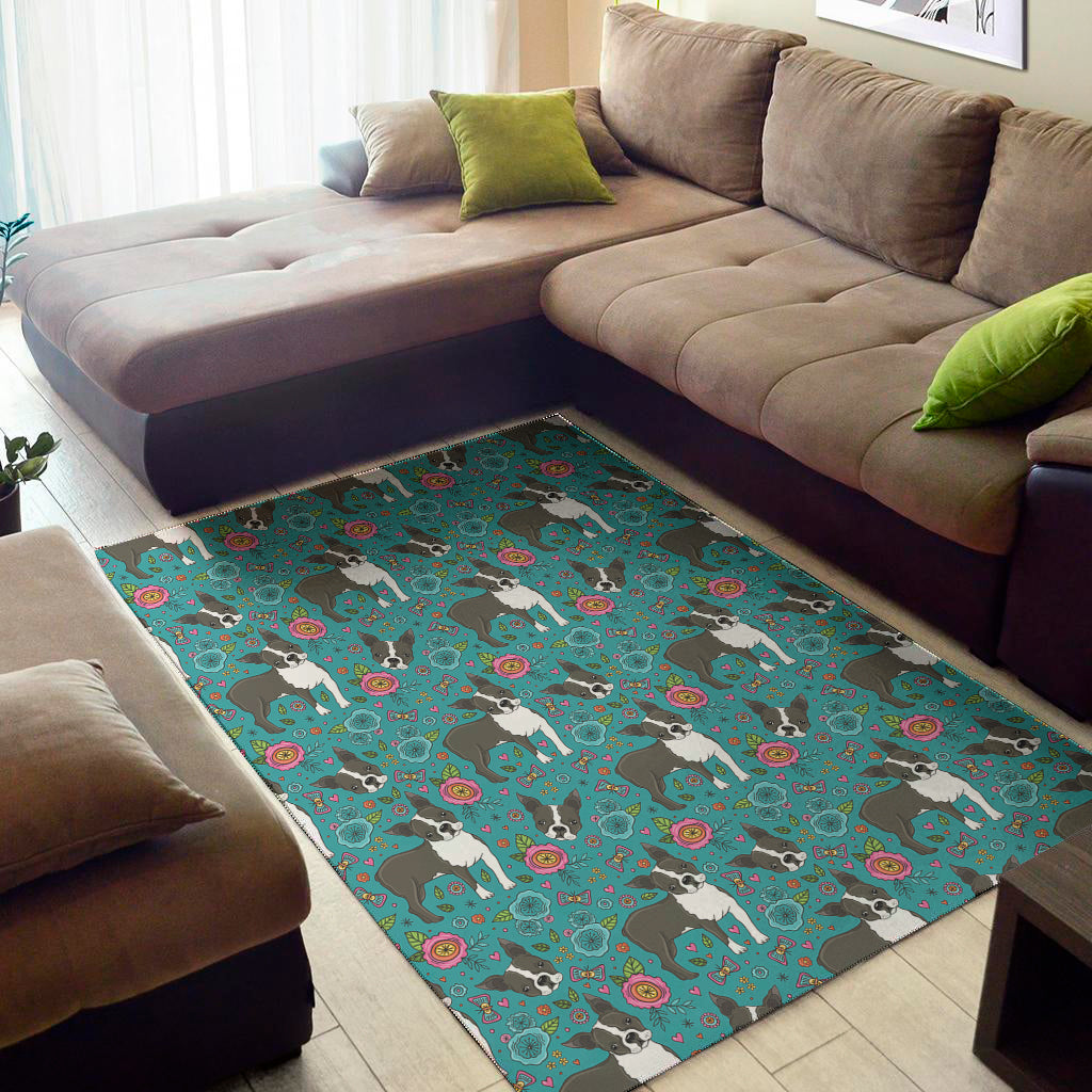 Cartoon Boston Terrier Flower Print Area Rug