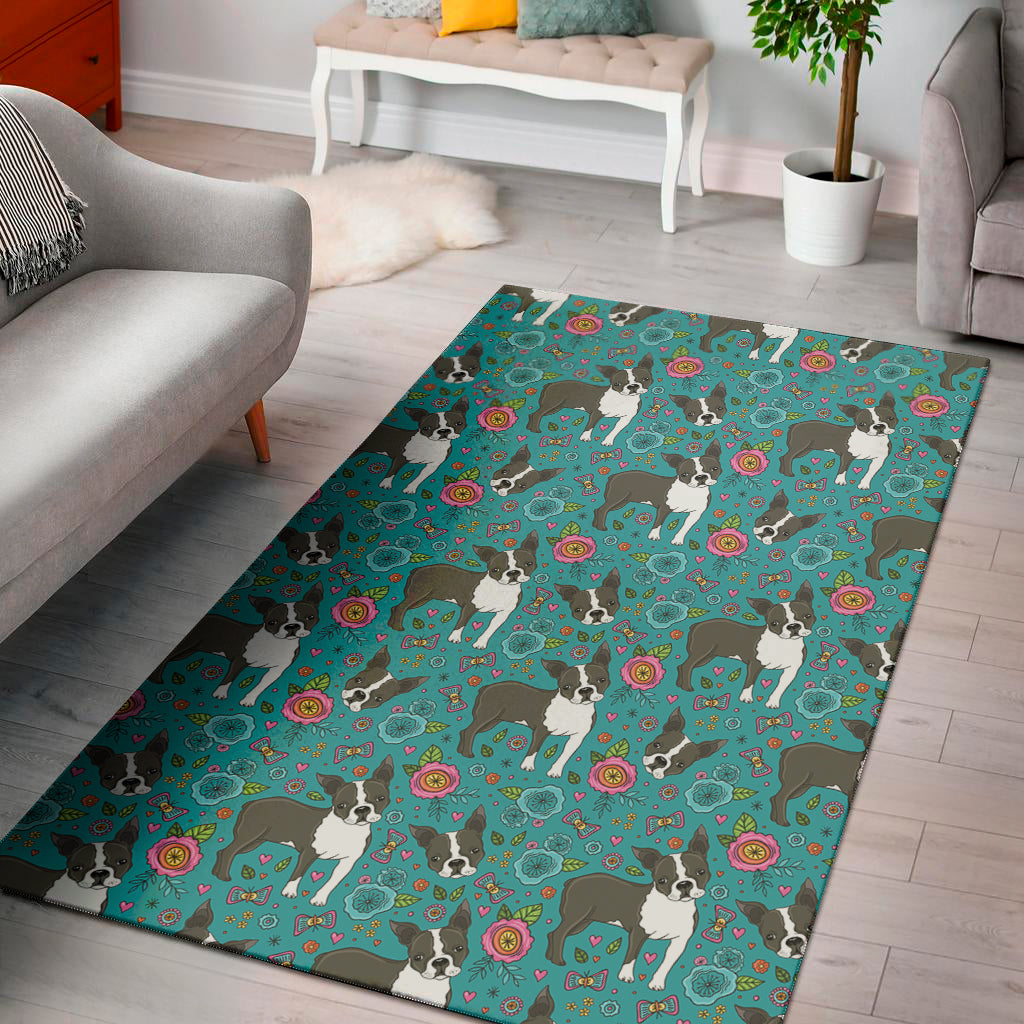 Cartoon Boston Terrier Flower Print Area Rug