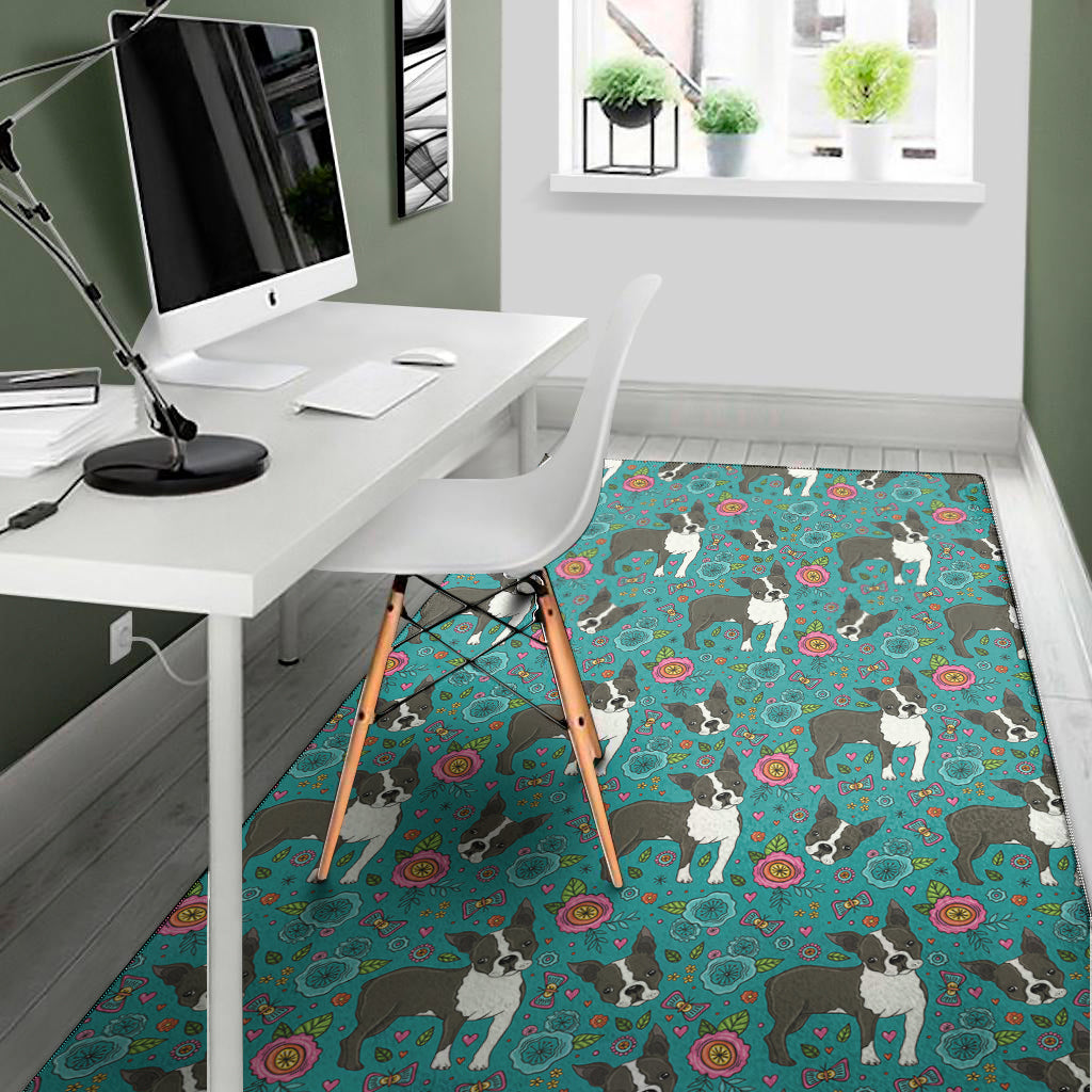 Cartoon Boston Terrier Flower Print Area Rug