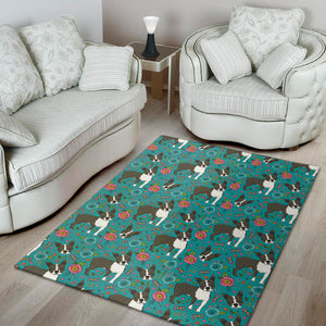 Cartoon Boston Terrier Flower Print Area Rug