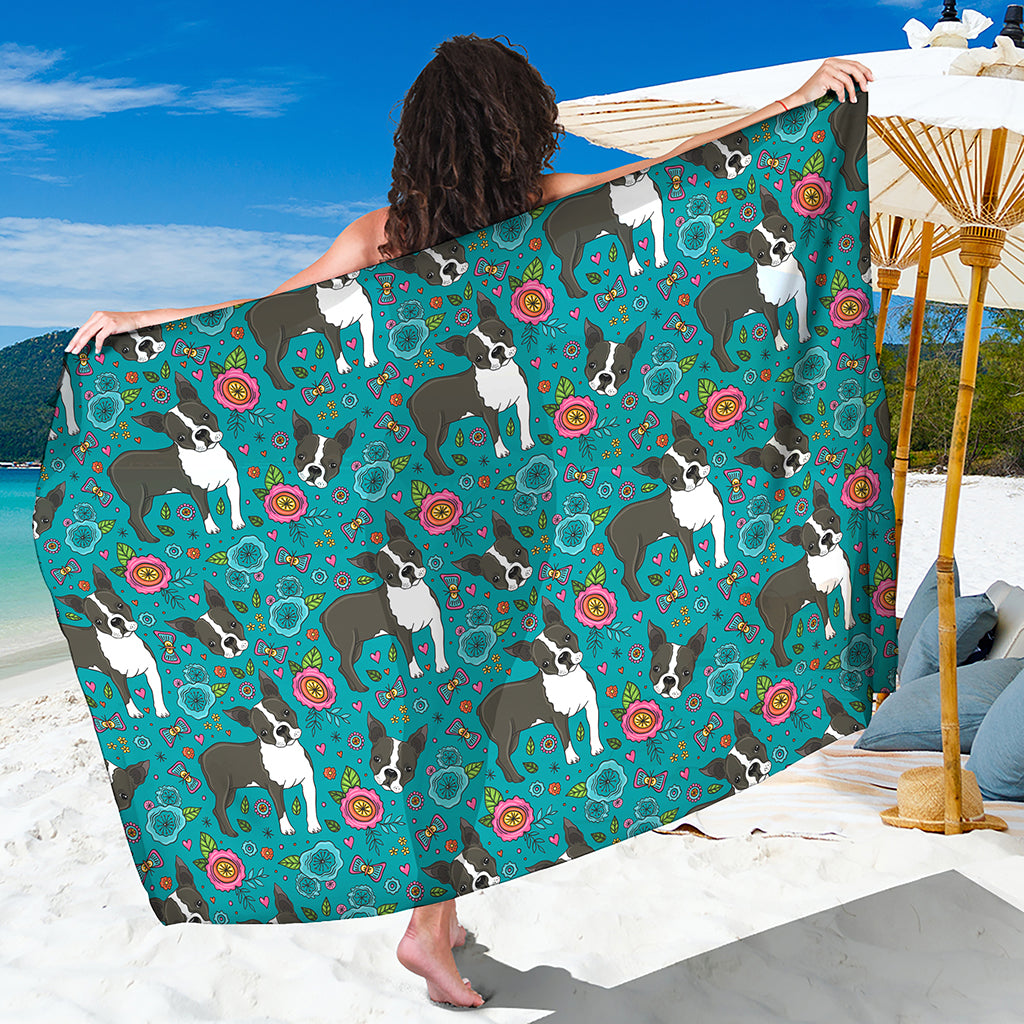 Cartoon Boston Terrier Flower Print Beach Sarong Wrap