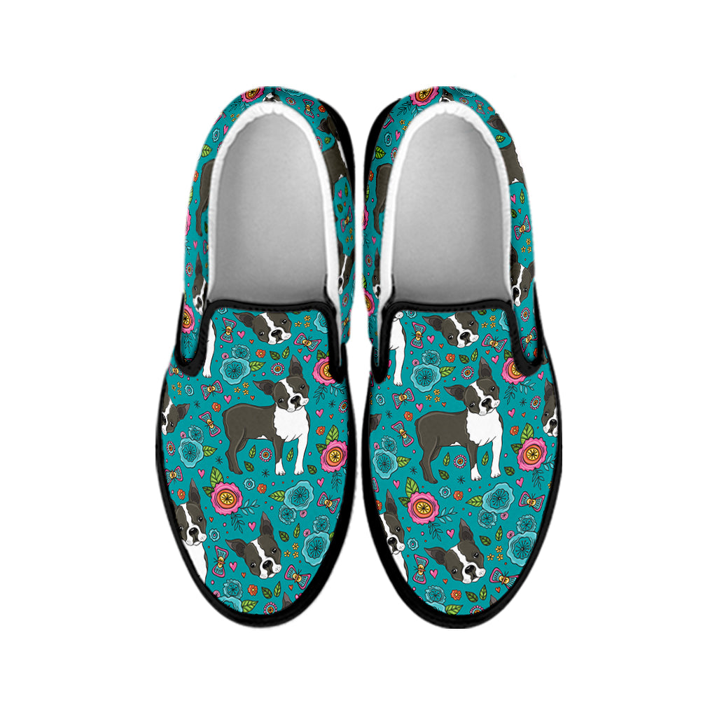 Cartoon Boston Terrier Flower Print Black Slip On Shoes