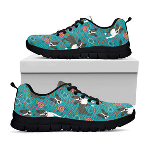 Cartoon Boston Terrier Flower Print Black Sneakers