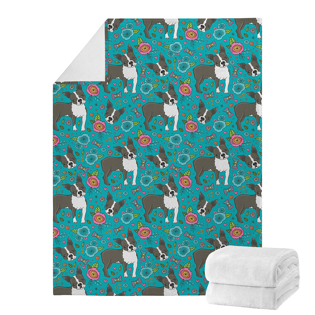 Cartoon Boston Terrier Flower Print Blanket