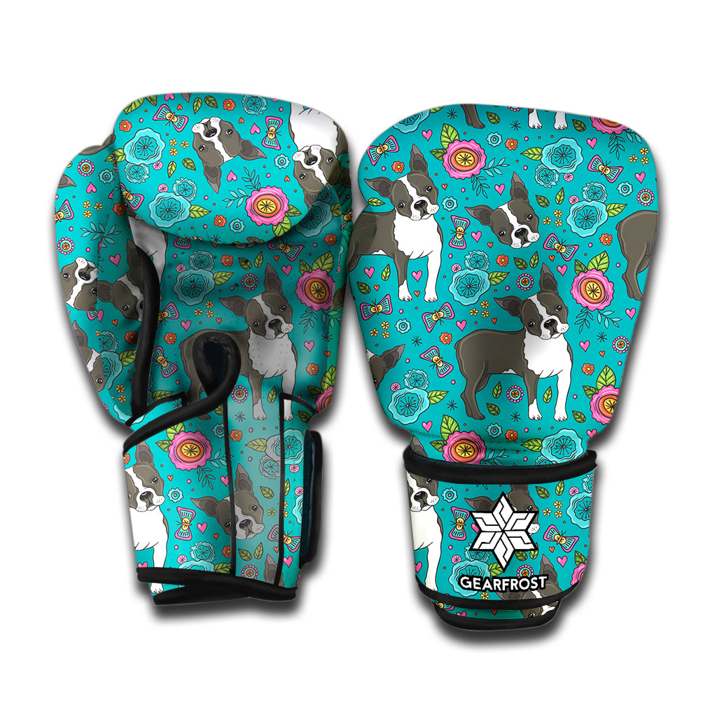 Cartoon Boston Terrier Flower Print Boxing Gloves