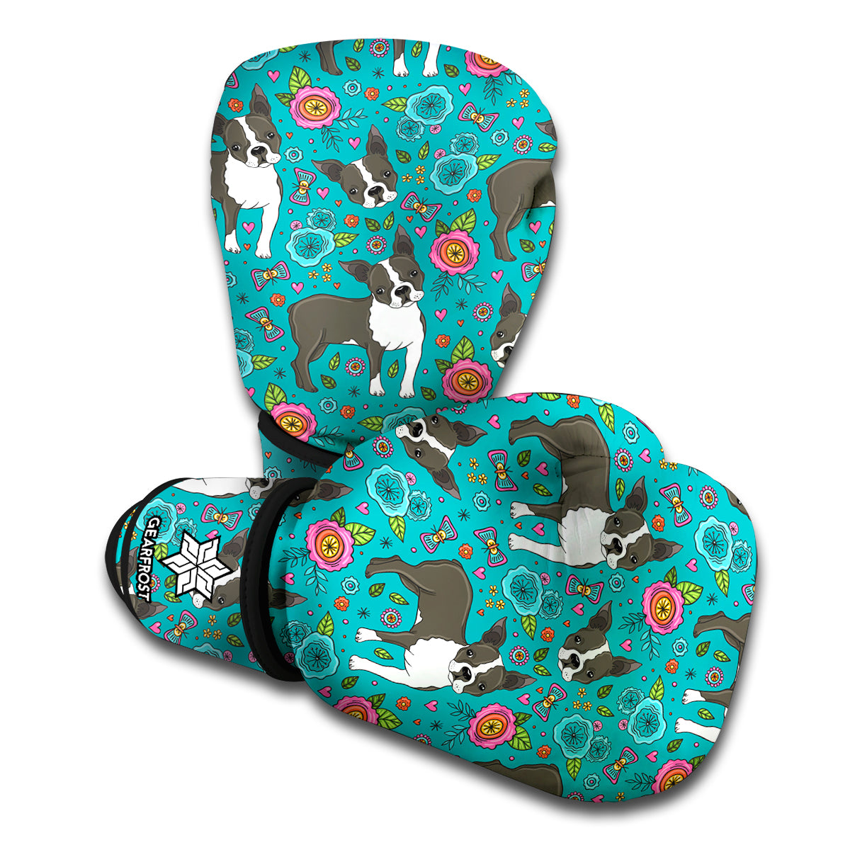 Cartoon Boston Terrier Flower Print Boxing Gloves