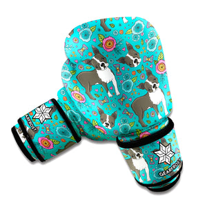 Cartoon Boston Terrier Flower Print Boxing Gloves