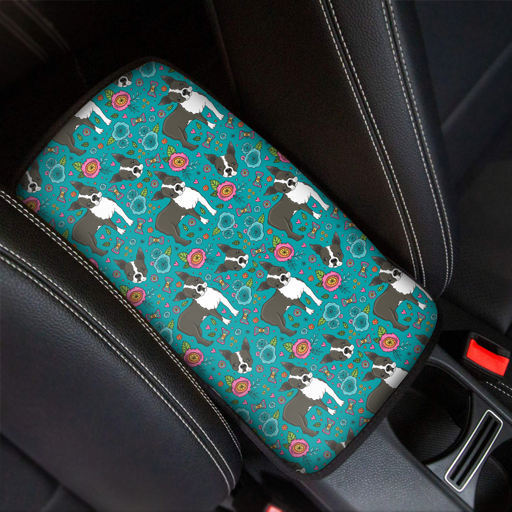 Cartoon Boston Terrier Flower Print Car Center Console Cover