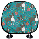 Cartoon Boston Terrier Flower Print Car Headrest Covers