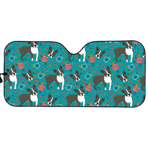 Cartoon Boston Terrier Flower Print Car Sun Shade