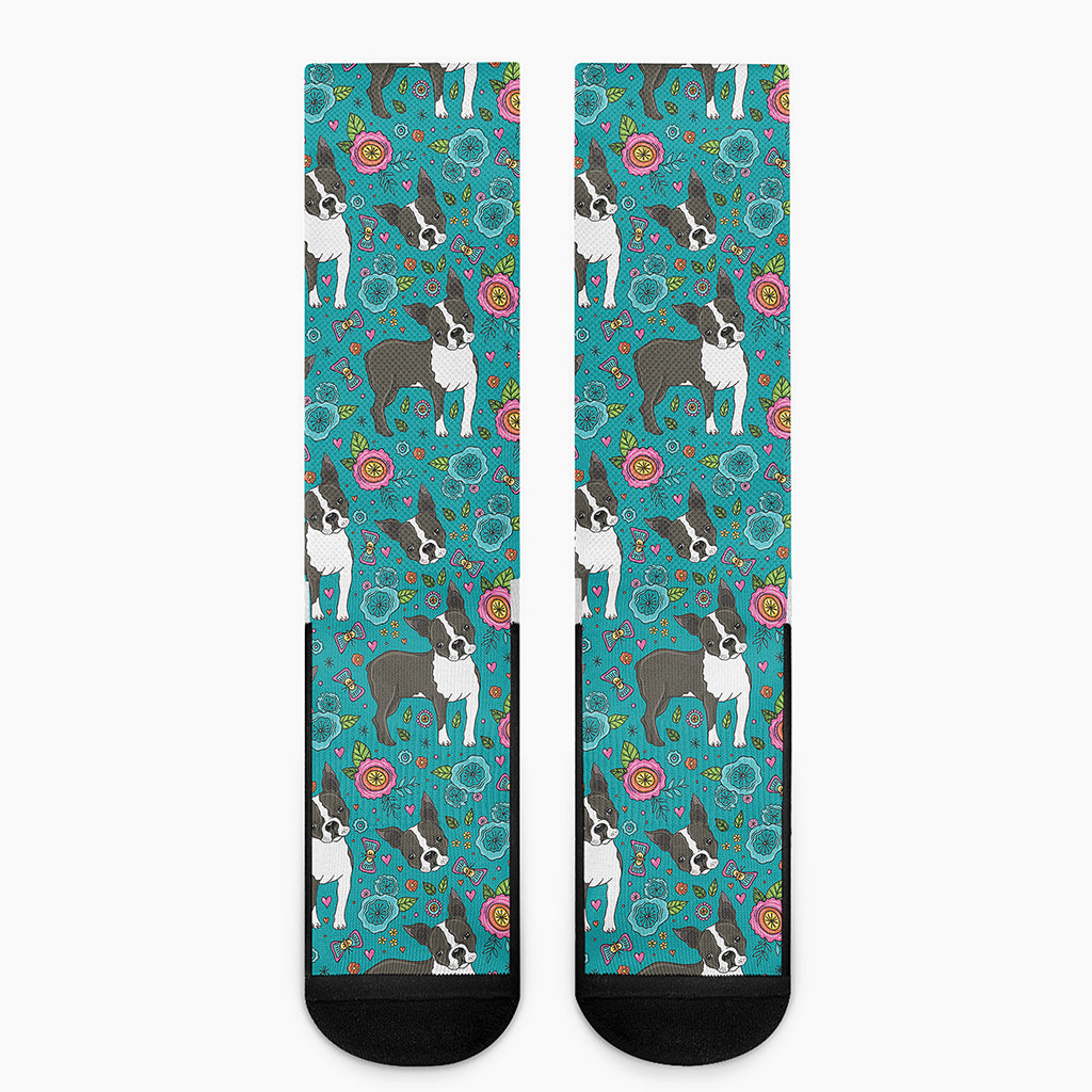 Cartoon Boston Terrier Flower Print Crew Socks