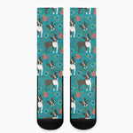 Cartoon Boston Terrier Flower Print Crew Socks