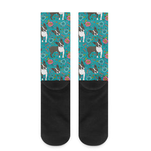 Cartoon Boston Terrier Flower Print Crew Socks