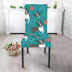 Cartoon Boston Terrier Flower Print Dining Chair Slipcover