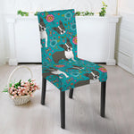 Cartoon Boston Terrier Flower Print Dining Chair Slipcover