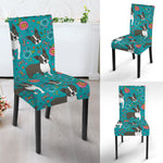 Cartoon Boston Terrier Flower Print Dining Chair Slipcover