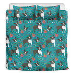 Cartoon Boston Terrier Flower Print Duvet Cover Bedding Set