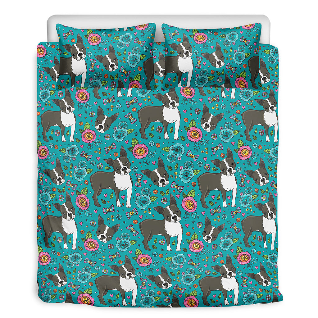 Cartoon Boston Terrier Flower Print Duvet Cover Bedding Set