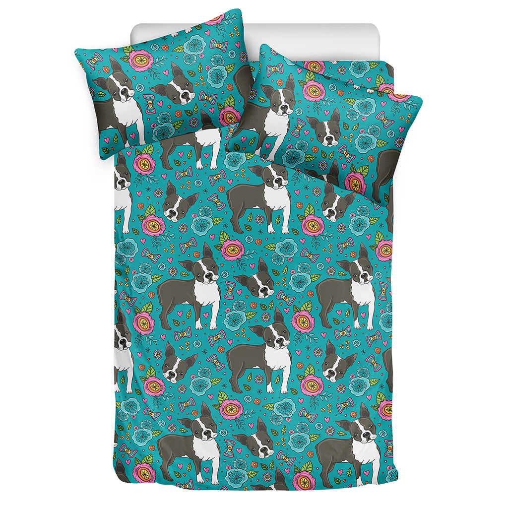 Cartoon Boston Terrier Flower Print Duvet Cover Bedding Set