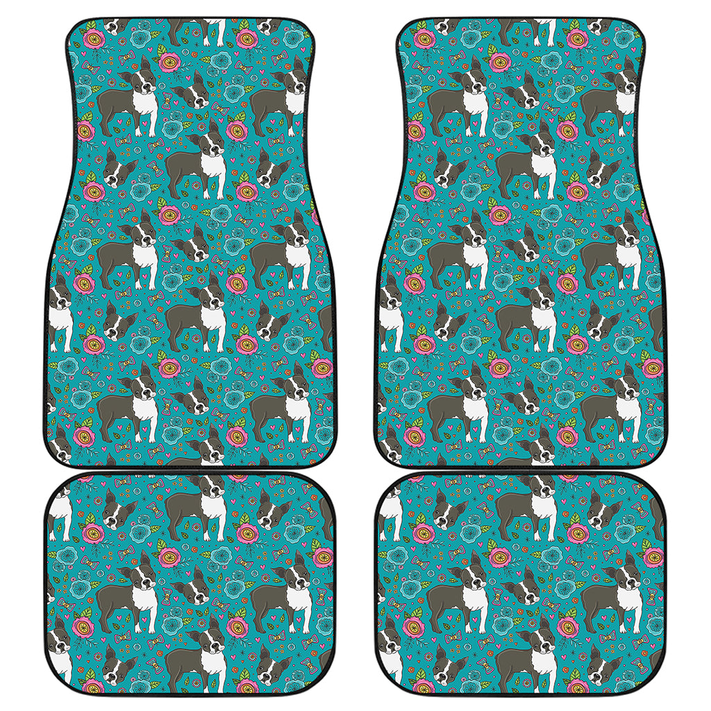 Cartoon Boston Terrier Flower Print Front and Back Car Floor Mats