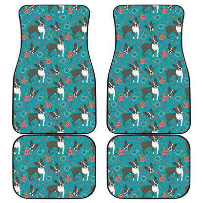 Cartoon Boston Terrier Flower Print Front and Back Car Floor Mats