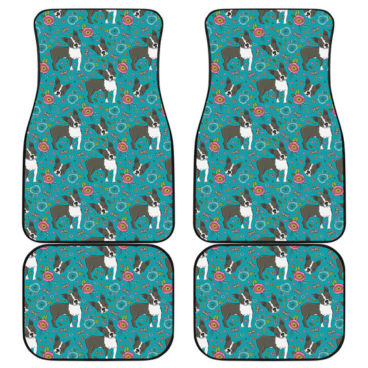 Cartoon Boston Terrier Flower Print Front and Back Car Floor Mats
