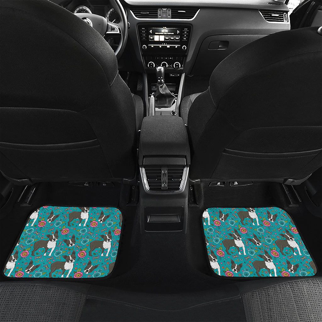 Cartoon Boston Terrier Flower Print Front and Back Car Floor Mats